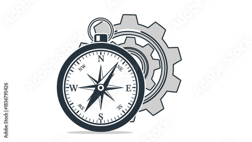 Strategic direction and planning concept with a compass and gear icon. Business navigation, setting, and mechanism illustration.