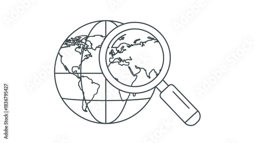 Global Search and World Exploration Concept with Magnifying Glass Over Earth Map Icon. International Analysis and Research Line Art.