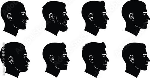Vector Collection of Eight Male Head Silhouettes in Profile View, Featuring Various Hairstyles and Beards, Ideal for User Avatars, Business Profiles, and Hair Salon Design Concepts