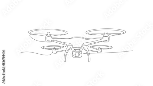 One Continuous Line Drawing of Modern Quadcopter Drone with Camera. Unmanned Aerial Vehicle Technology Concept Vector Illustration