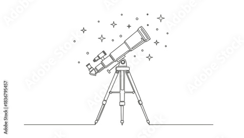 Line art illustration of a telescope on a tripod observing sparkling stars in the night sky. Astronomy, science, and exploration concept.