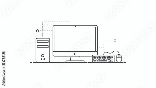Line art illustration of a desktop computer setup: monitor, PC tower, keyboard, mouse, and network. Technology, digital workspace, office.