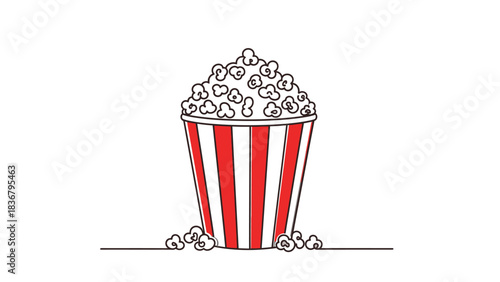 Continuous line drawing of a full classic popcorn bucket with red and white stripes, an iconic snack for movies, cinema, and entertainment.