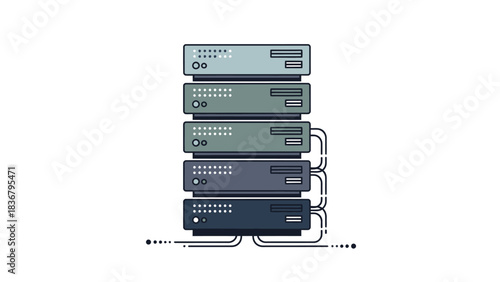 Modern server rack stack illustration representing data center technology, cloud computing, network infrastructure, and information storage.