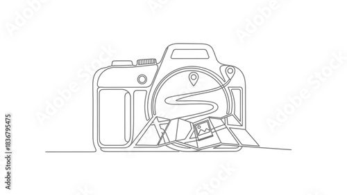 Abstract continuous line drawing: DSLR camera with travel map, mountains, location pin. Journey and adventure photography concept.