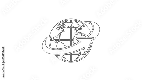 Global network arrow around world map line art icon. International connection, worldwide communication, and data exchange symbol.