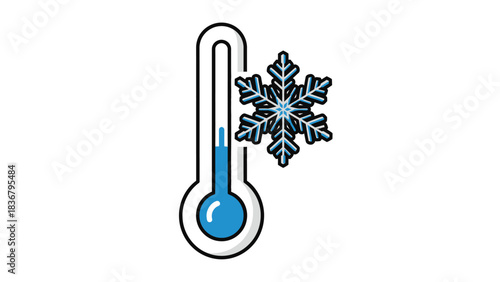 Cold weather thermometer with snowflake icon. Low temperature measurement symbol for winter season or freezing conditions.