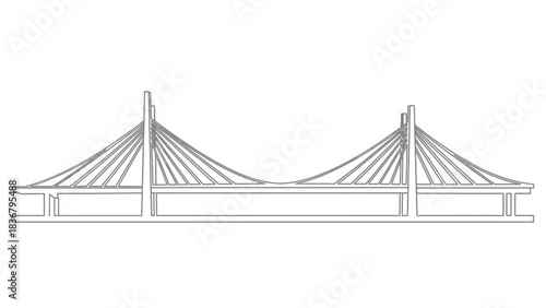 Minimalist Cable-Stayed Bridge Outline Illustration, Modern Infrastructure Engineering Line Art Vector Graphic