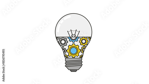 Light bulb with internal gears representing ideas, innovation, creative thinking, problem-solving, engineering, and mechanical processes.