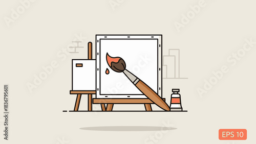 Artist's Easel with Paintbrush, Blank Canvas, and Paint Tube. Creative Art Painting Process Illustration, Flat Line Design.