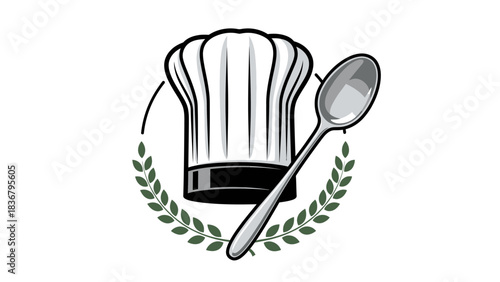 Chef's Hat and Spoon Culinary Logo Design with Laurel Wreath, Cooking and Restaurant Emblem Vector Illustration