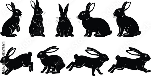Vector Collection of Ten Black Rabbit Silhouettes in Various Poses, Including Sitting, Standing, and Running, Ideal for Easter, Spring, Wildlife, and Pet Design Concepts