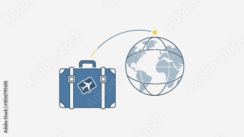 Blue suitcase and world globe illustration representing global travel, international journey, vacation planning, and distant destinations.