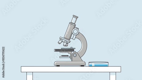Microscope on a table with a petri dish, scientific research illustration. Laboratory equipment for biology and chemistry experiments.