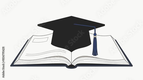 Graduation Cap with Tassel on Open Book Illustration - Symbol of Education, Learning, Knowledge, and Academic Success