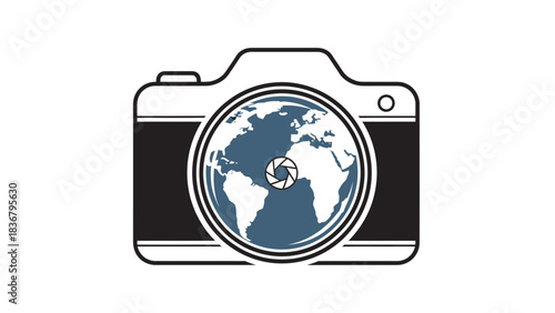 Global Photography Camera Icon with World Map and Aperture Symbol - Travel and Creative Vision Graphic