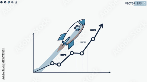 Startup rocket launching from an upward trending financial growth chart, symbolizing business success, innovation, progress, and market acceleration.