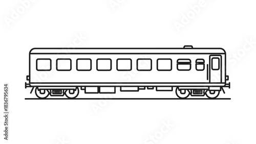 Simple black and white line art illustration of a passenger train carriage or railway coach. Isolated vector icon for transport.