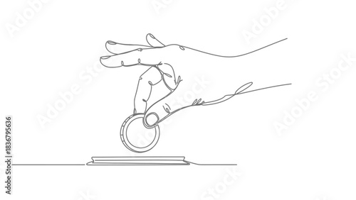 Continuous line art illustration of a hand dropping a coin into a slot, symbolizing payment, savings, donation, and financial transaction.
