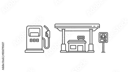 Gas station line art set with fuel pump, canopy, and service elements. Outline icon vector illustration for transport and energy.