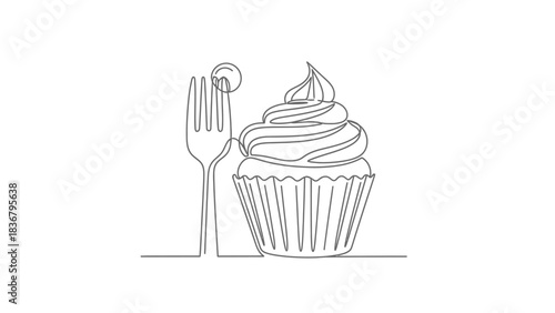 Continuous one line drawing of a sweet cupcake with a fork. Minimalist single line art illustration of a dessert.