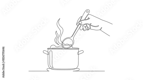 One continuous line art drawing of a hand stirring hot food in a steaming pot with a ladle, symbolizing cooking and preparation.