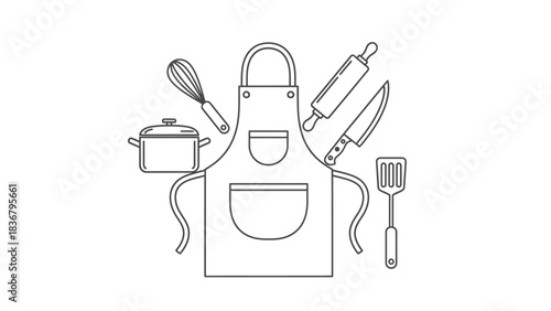 Line Art Illustration of Kitchen Apron with Cooking Utensils, Baking Tools, Pot, Whisk, Rolling Pin, Knife, and Spatula