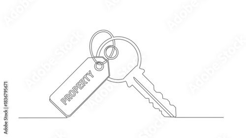 Minimalist continuous line drawing of a key with a "PROPERTY" tag, symbolizing real estate, home ownership, and investment