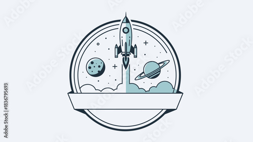 Rocket Launching into Space with Planets and Stars Illustration. Cosmic Adventure, Business Startup, Progress and Innovation Concept.