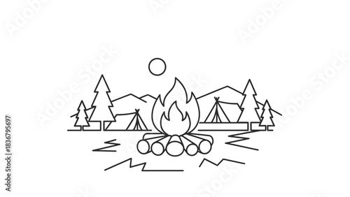 Minimalist Line Art Illustration of a Cozy Campfire with Tents and Mountains, Perfect for Outdoor Camping and Adventure