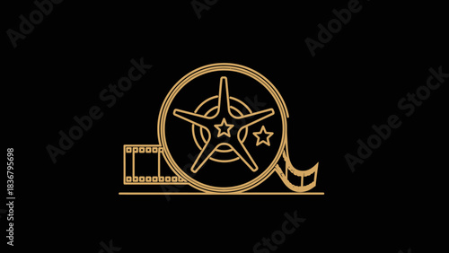 Golden film reel and star icon, elegant line art representing cinema, movie awards, and entertainment production on black.