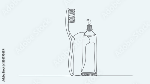 Minimalist continuous line art drawing of a toothbrush and toothpaste tube, representing dental care and daily oral hygiene.