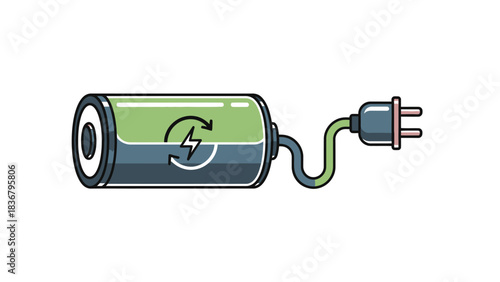 Sustainable Battery Charging Illustration with Electric Plug. Eco-Friendly Power, Renewable Energy Storage, Electricity Supply Technology.