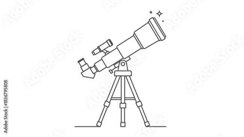 Telescope line art illustration. Astronomy observation equipment on tripod. Science, exploration, discovery, space research icon.