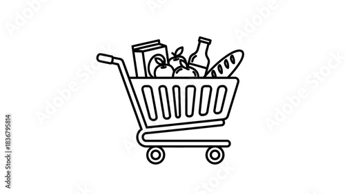 Outline Shopping Cart Icon with Groceries, Food, and Consumer Products - Retail, Supermarket, and E-commerce Concept