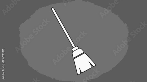 Minimalist white broom icon, flat design illustration of a household cleaning tool for sweeping floors and tidying.