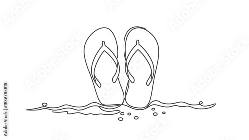 Continuous line drawing of two flip-flops on the sand, embodying a minimalist beach summer vacation concept, isolated vector illustration.