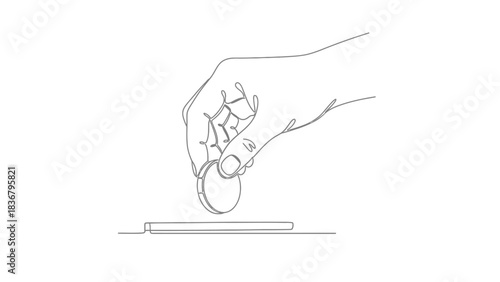 Continuous line art of a hand putting a coin into a slot, symbolizing saving money, financial investment, charity, or donation