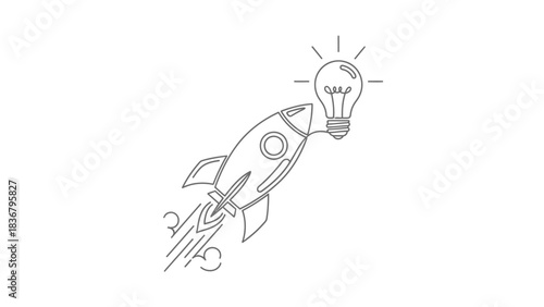 Minimalist line art illustration: Rocket launching with a bright lightbulb, symbolizing innovation, startup success, creative ideas, and business growth.