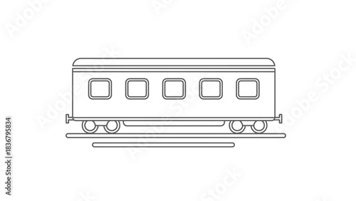 Simple line art illustration of a passenger train car on railway tracks, minimalist outline drawing for transport concepts.