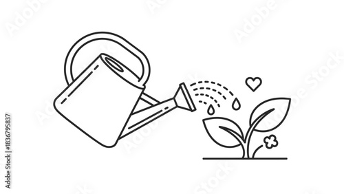 Watering can pouring water on a small seedling with a heart icon. Line art illustration of growth, nature, gardening, and care.