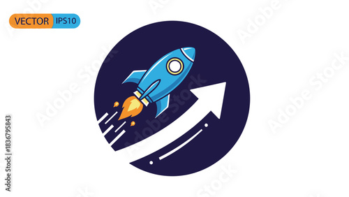 Blue cartoon rocket flying up with an upward arrow icon, symbolizing business startup, rapid growth, launch, and progressive success.