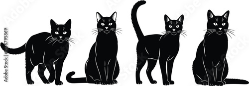 Vector Collection of Four Black Cat Silhouettes in Different Poses, Including Sitting and Standing, Ideal for Halloween, Pets, Feline, and Animal Design Concepts