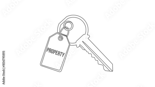 Outline icon of a key with a property tag, symbolizing real estate, ownership, security, and access