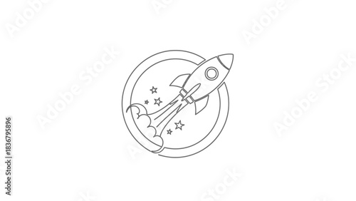 Outline rocket launching icon with smoke trail and stars in a circle frame. Vector line art symbol for startup, progress, success, and innovation.