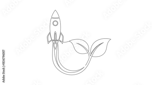 Line art icon of a rocket launching into growing plant leaves, symbolizing sustainable eco-friendly innovation and green technology development.