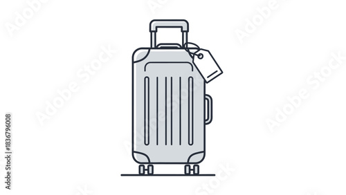 Line Art Illustration of a Rolling Suitcase with Luggage Tag, Symbolizing Travel, Vacation, and Journey