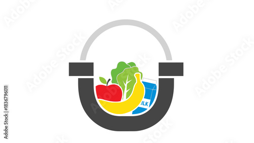 Illustration of colorful food items like apple, banana, and lettuce in a stylized gray plumbing U-bend pipe or drain trap.