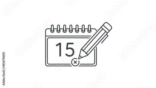 Outline vector icon of a calendar showing date 15 with a pencil editing or canceling an event, symbolizing schedule management and planning.