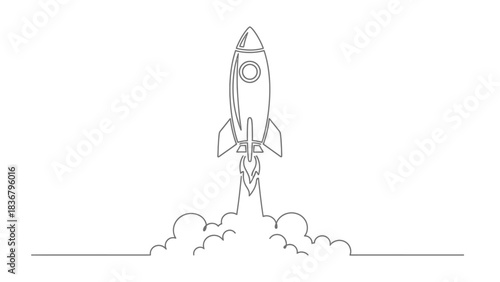 Continuous line drawing of a launching rocket taking off with exhaust smoke, symbolizing business startup, technological innovation, and growth success.